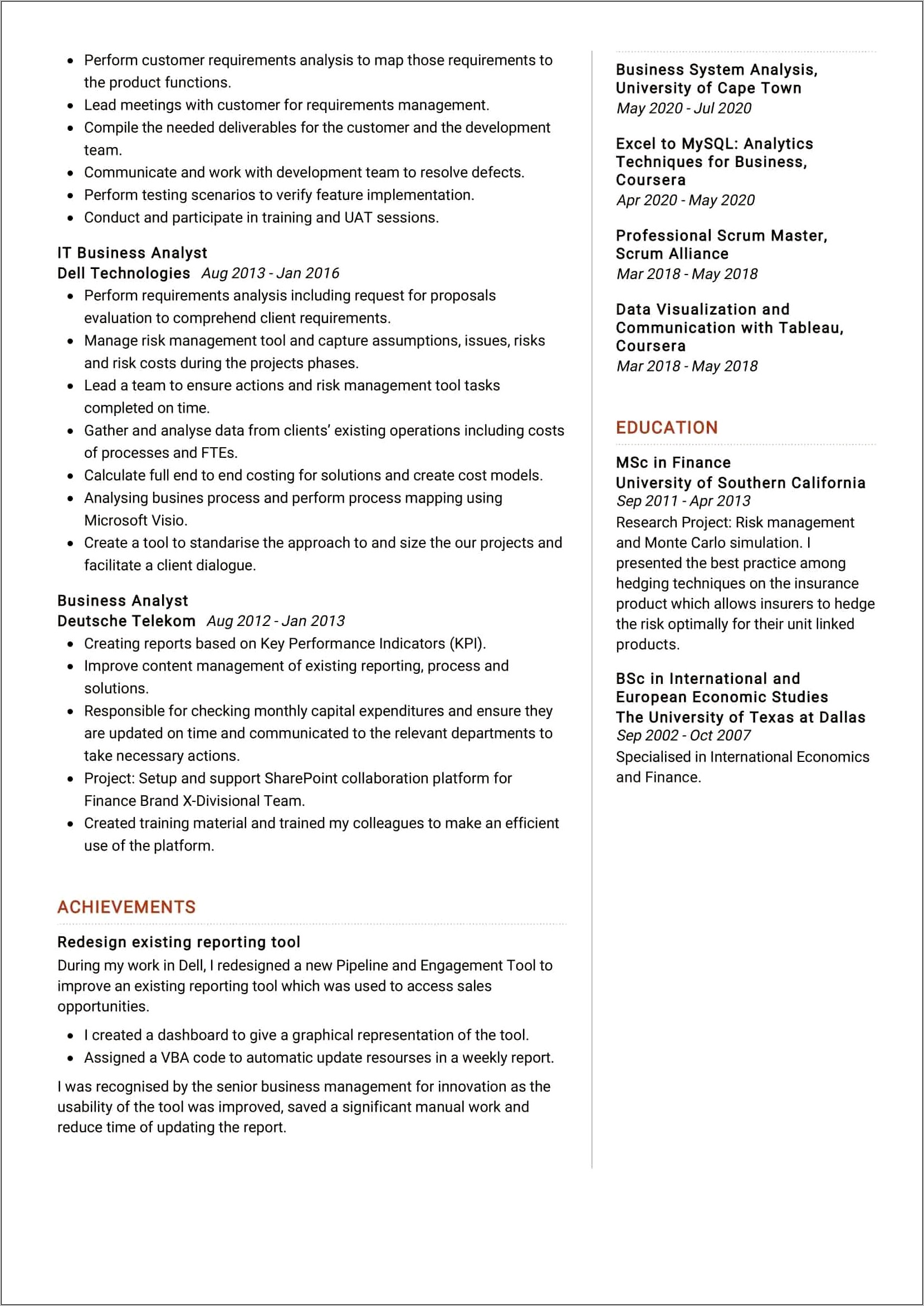 Business Analyst Resume Skills Documentation