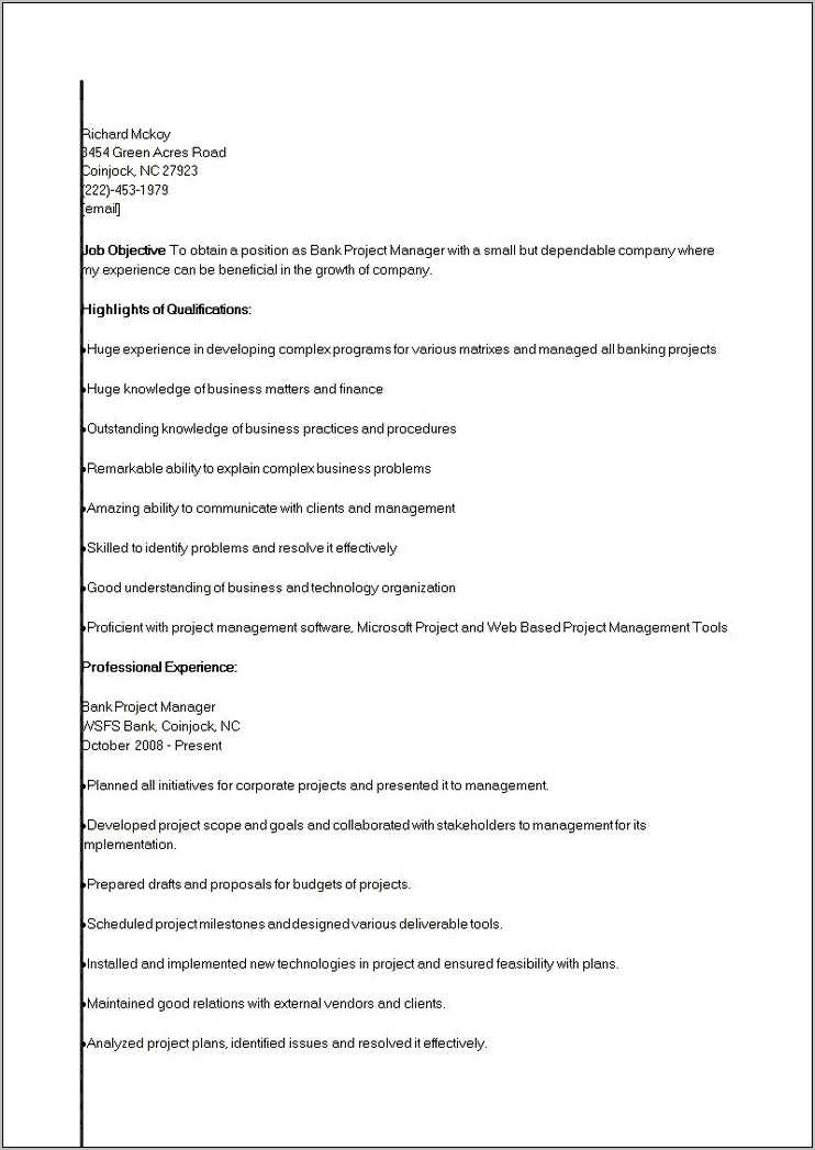 Business Banking Project Manager Resume