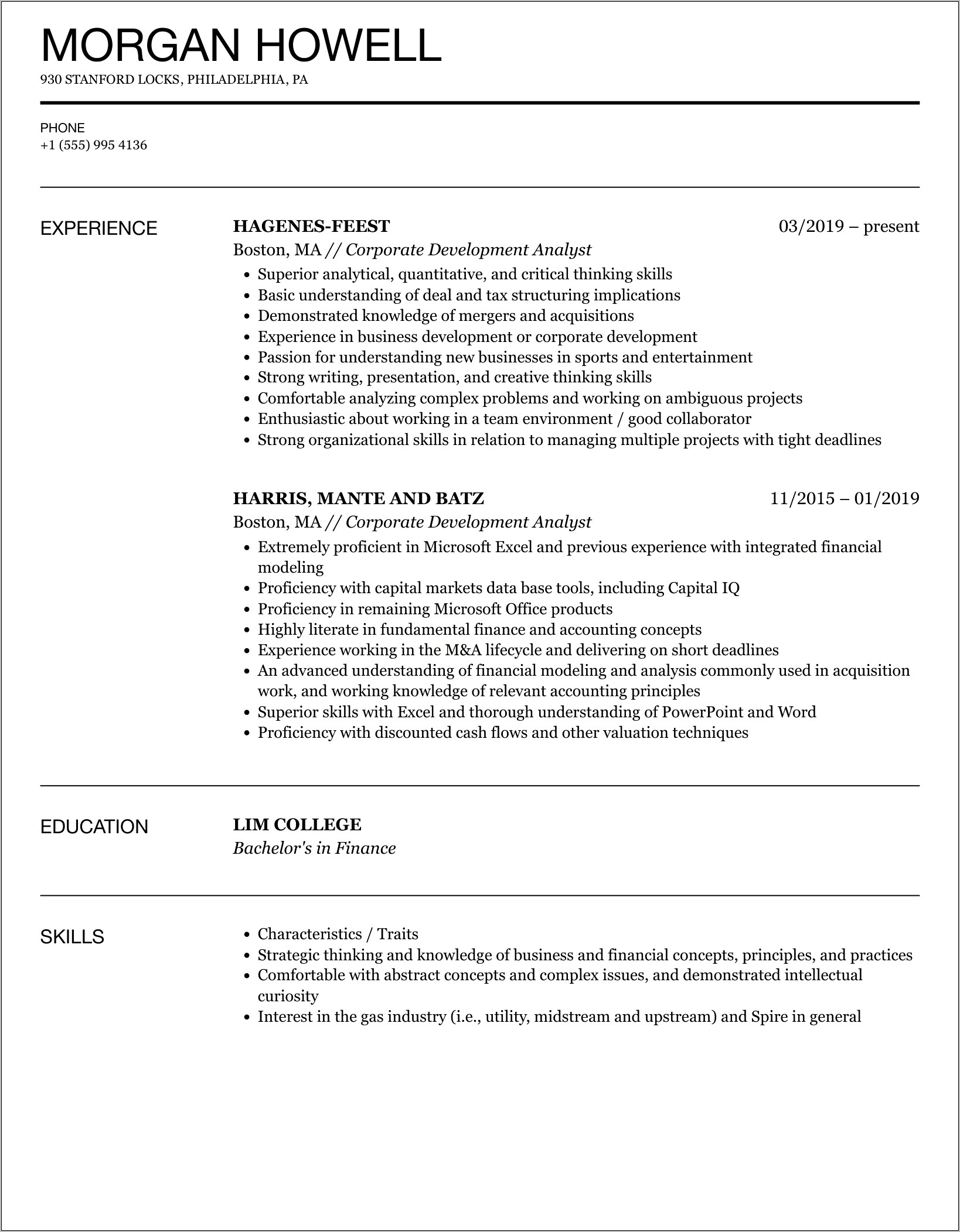 Business Development Analyst Resume Example