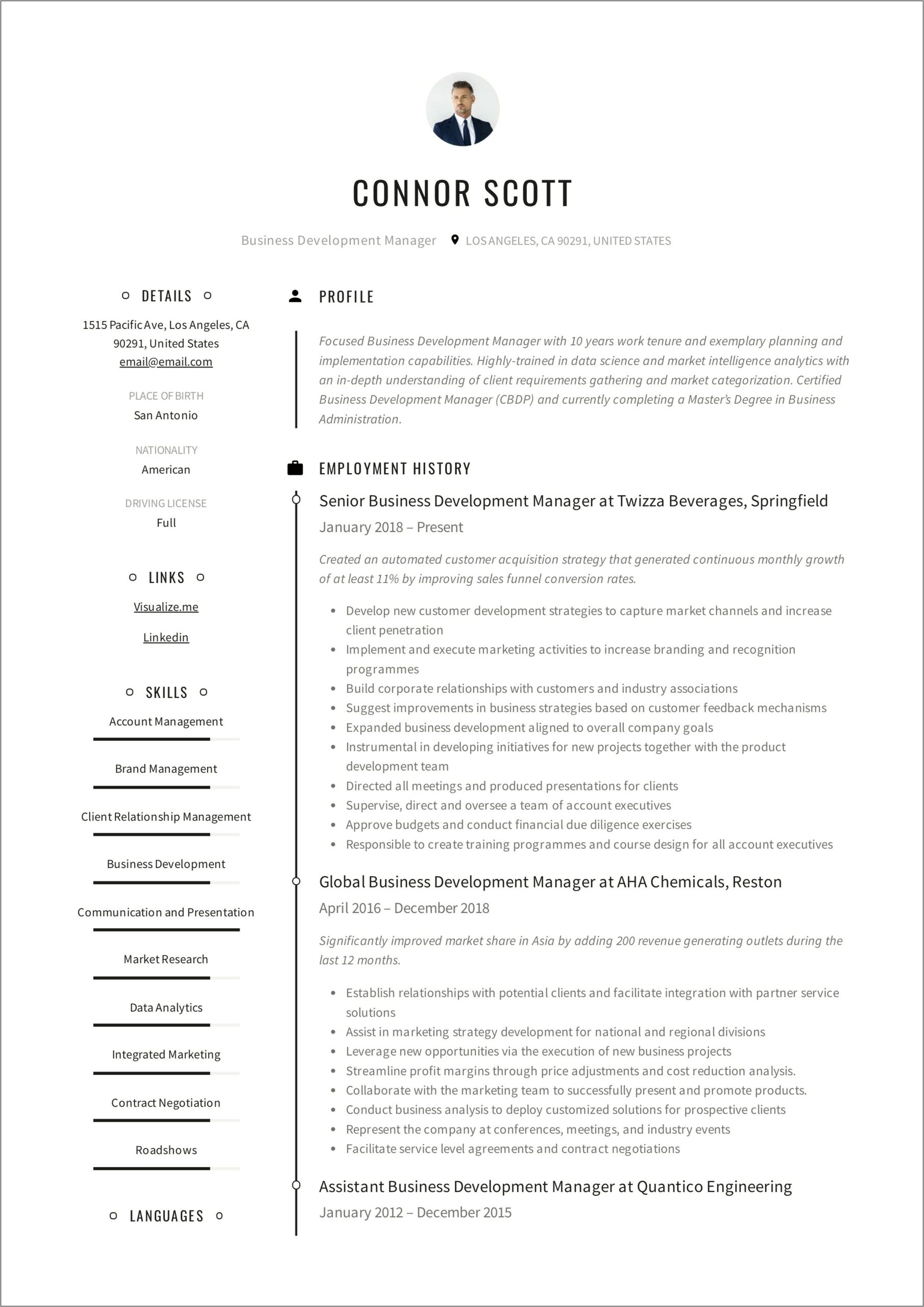 Business Development Manager Job Resume