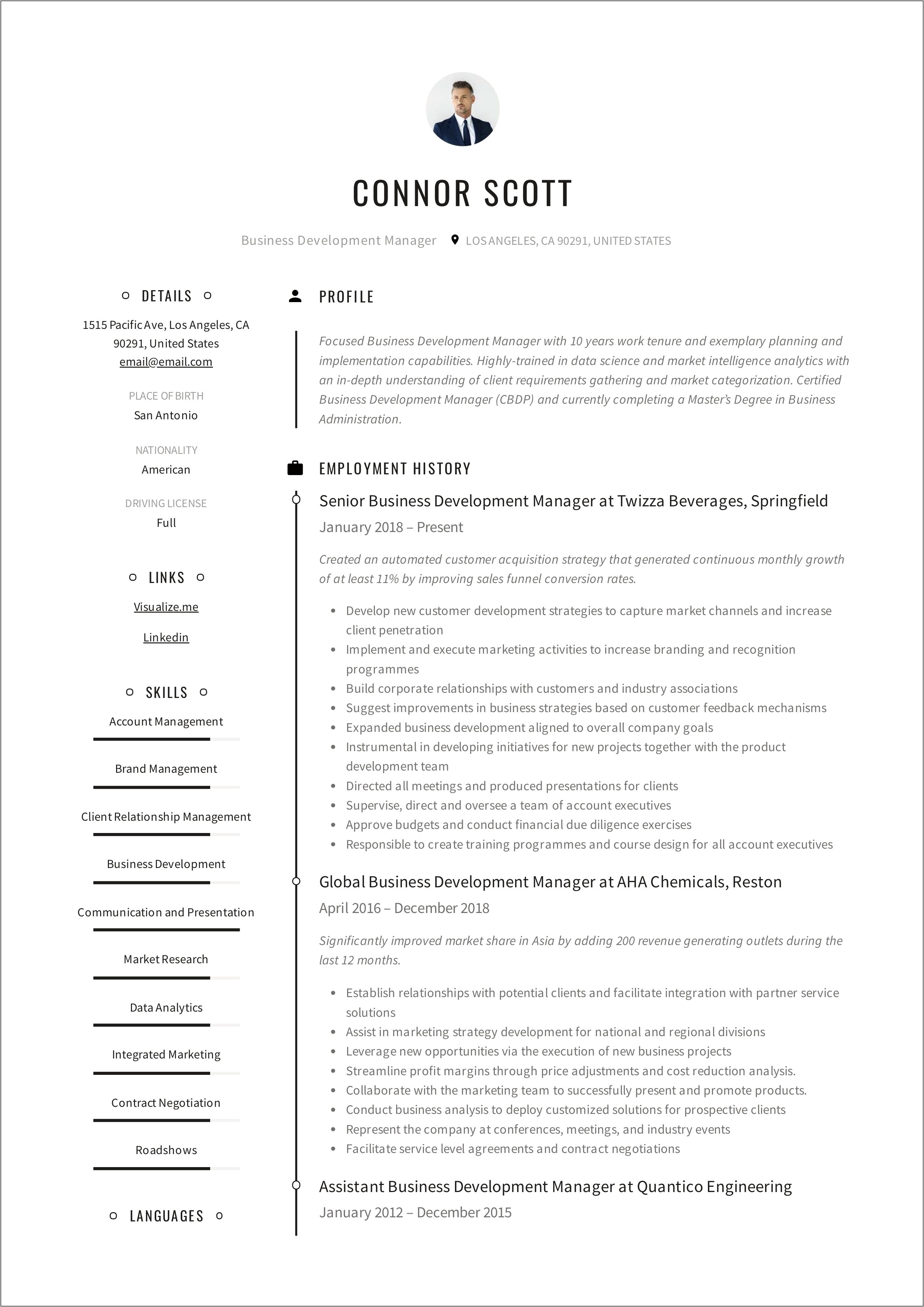 Business Development Manager Job Resume