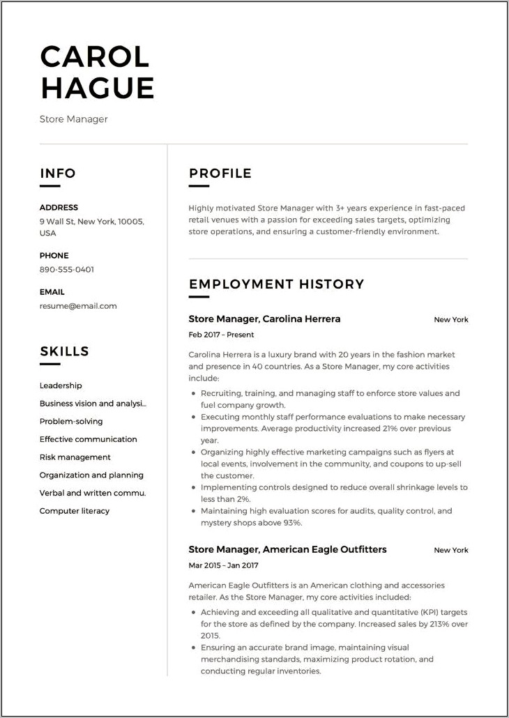 Business Management Resume Opening Statement