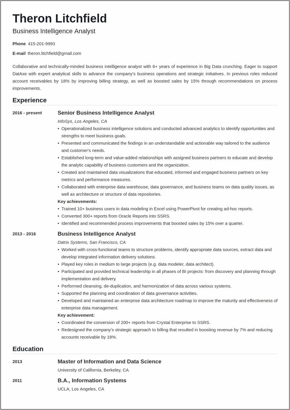 Business Objects Web Intelligence Resume