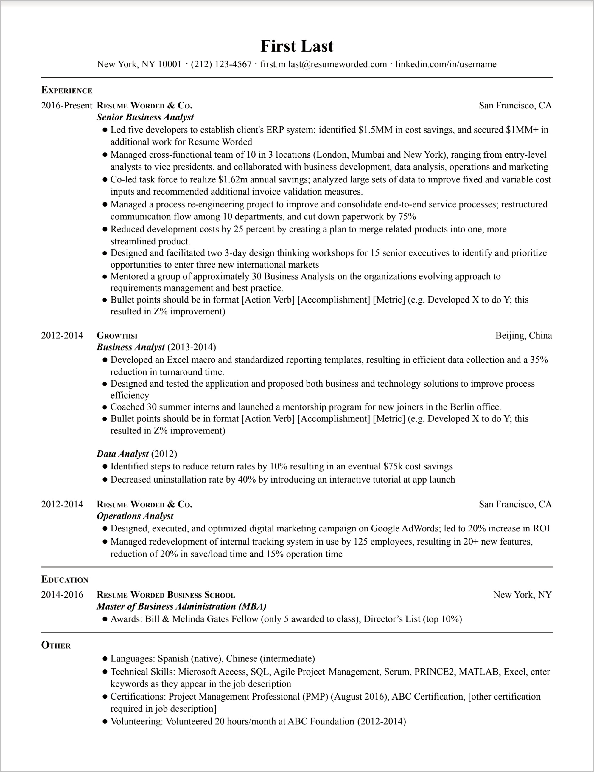 Business Process Analyst Resume Example