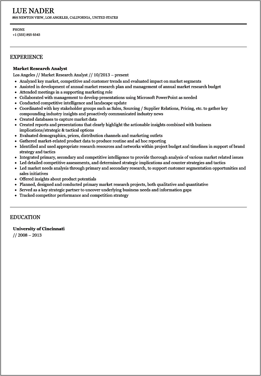 Business Research Analyst Resume Sample