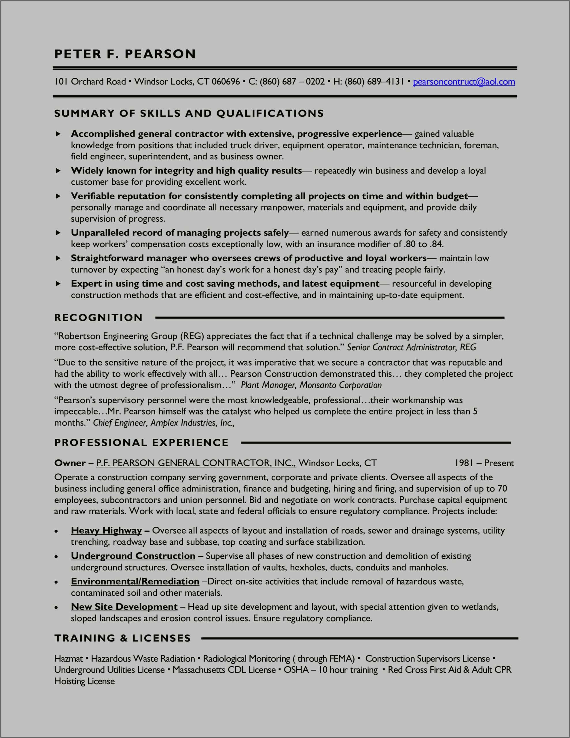 Business Resume General Contractor Example