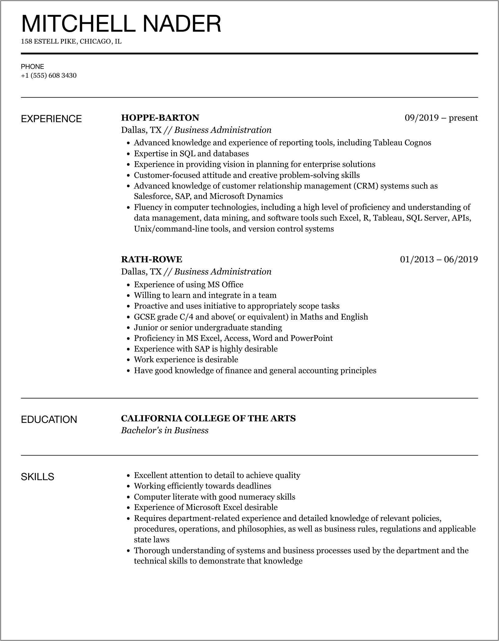 Business Skills Examples For Resume