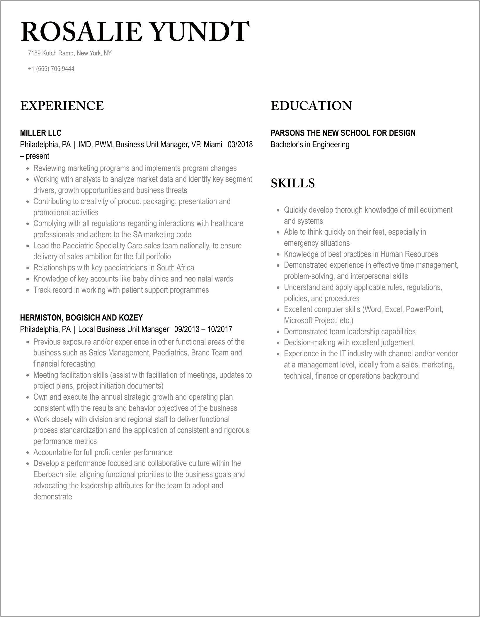 Business Unit Manager Resume Samples