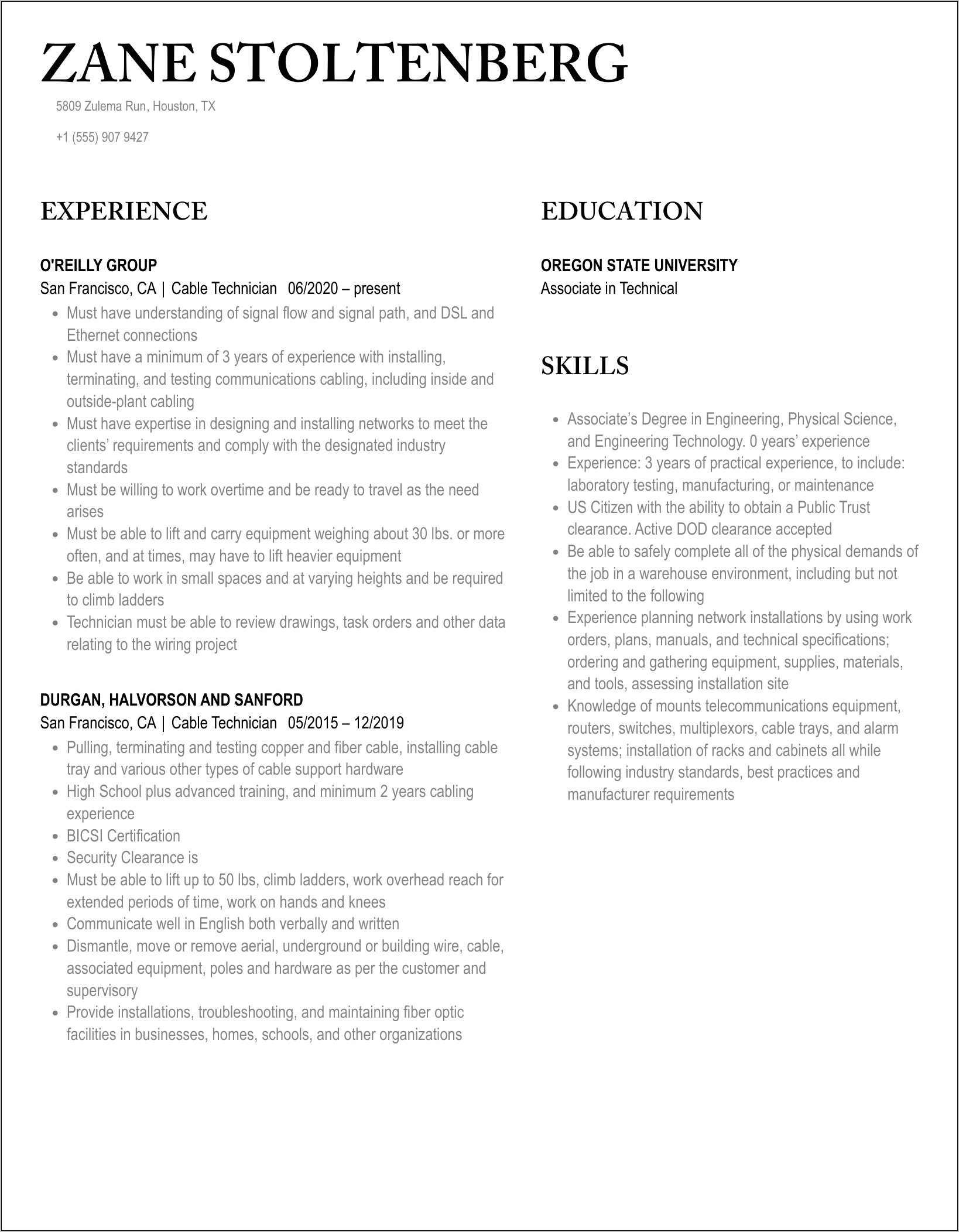 Cable Splicer Resume Summary Examples