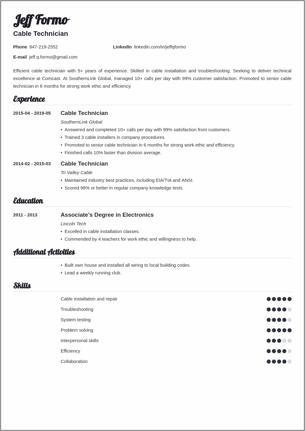 Cable Tv Installer Resume Sample - Resume Example Gallery