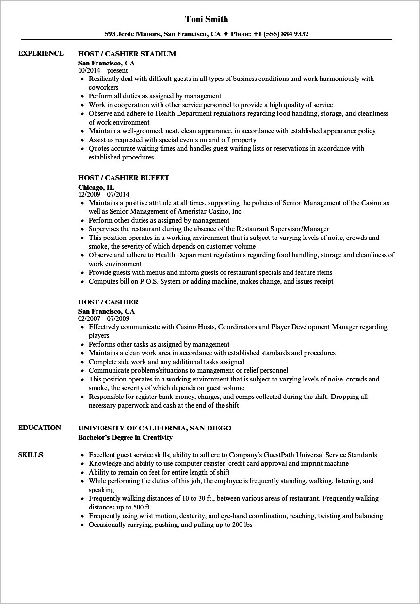 Café Cashier Job Description Resume