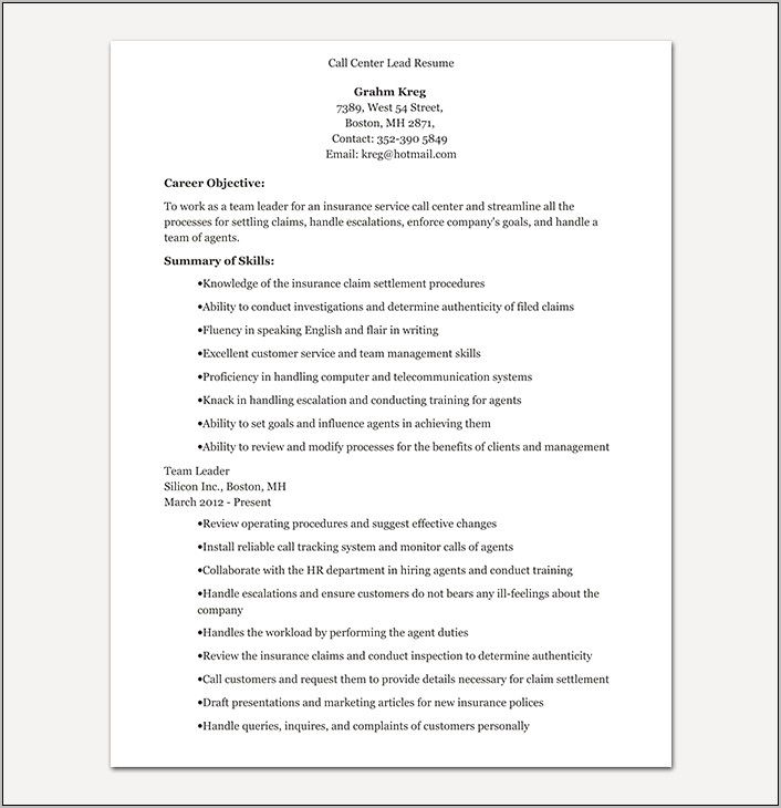 Call Center Job For Resume