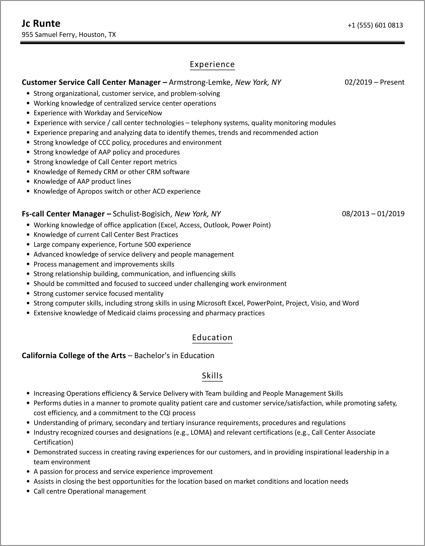 Call Center Management Skills Resume