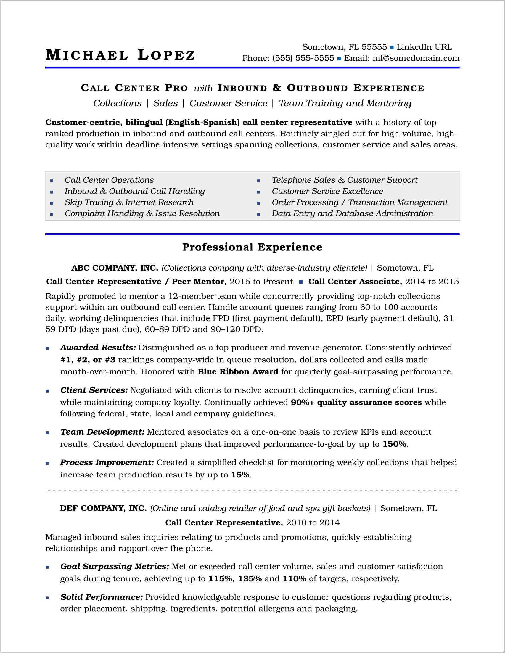 Call Center Sales Resume Sample