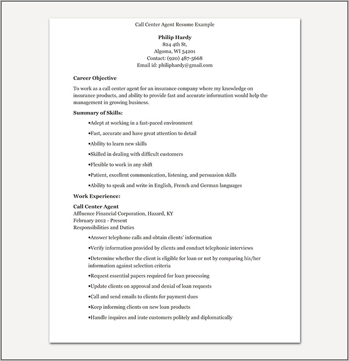 Call Center Skills On Resume