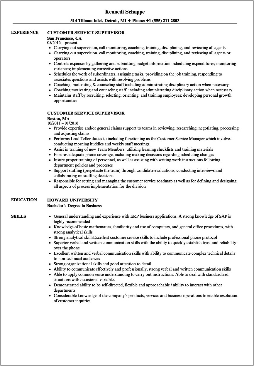 Call Center Supervisor Resume Sample