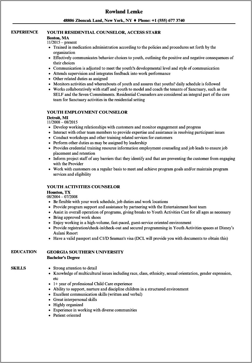 Camp Counselor Job Resume Example