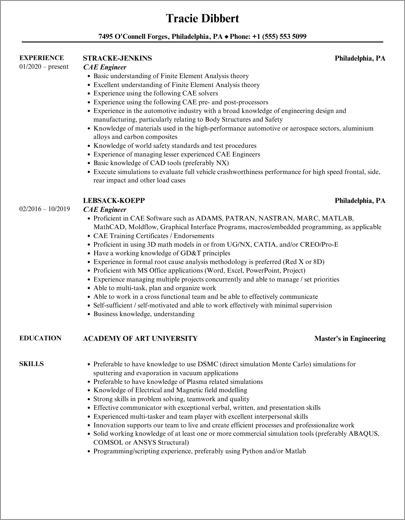 Car Crash Engineer Resume Sample