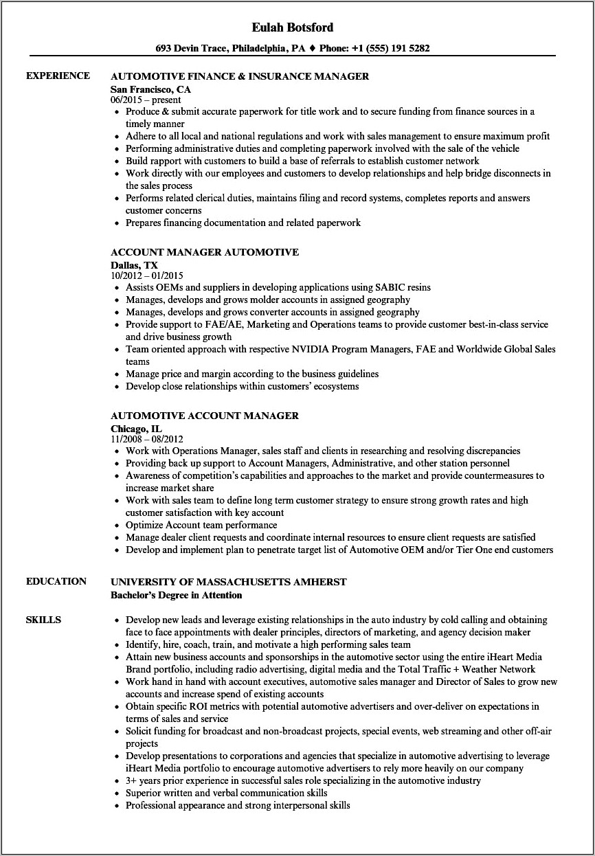 Car Dealership General Manager Resume