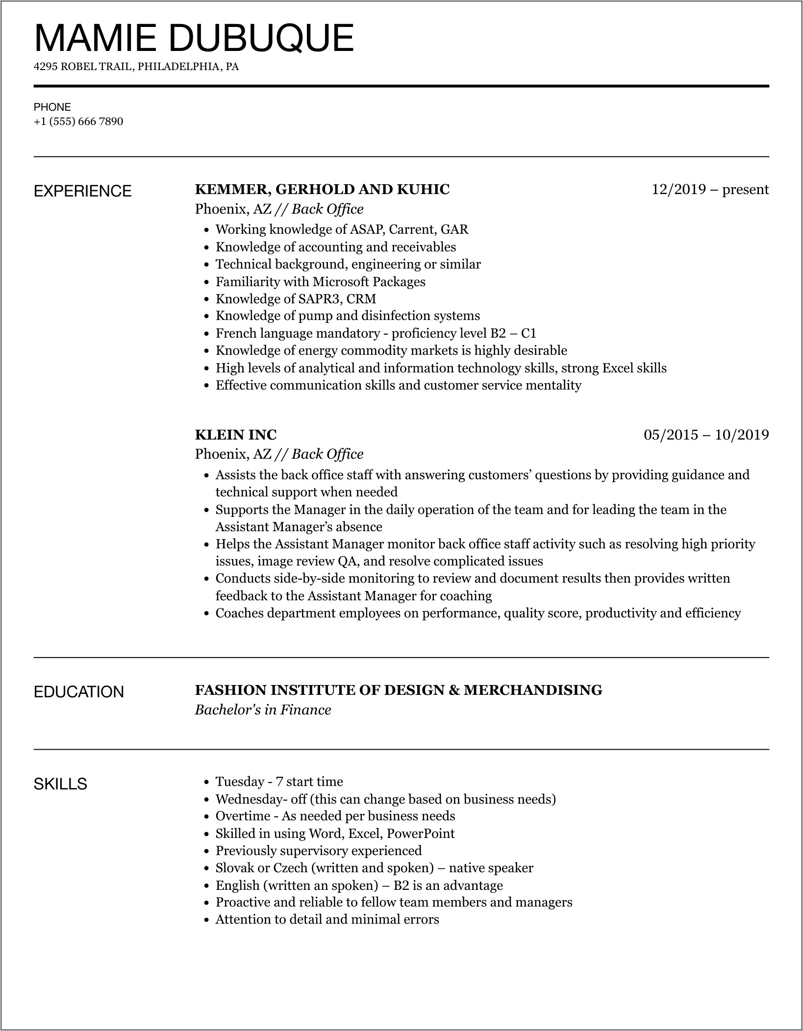 Car Hop Job Description Resume