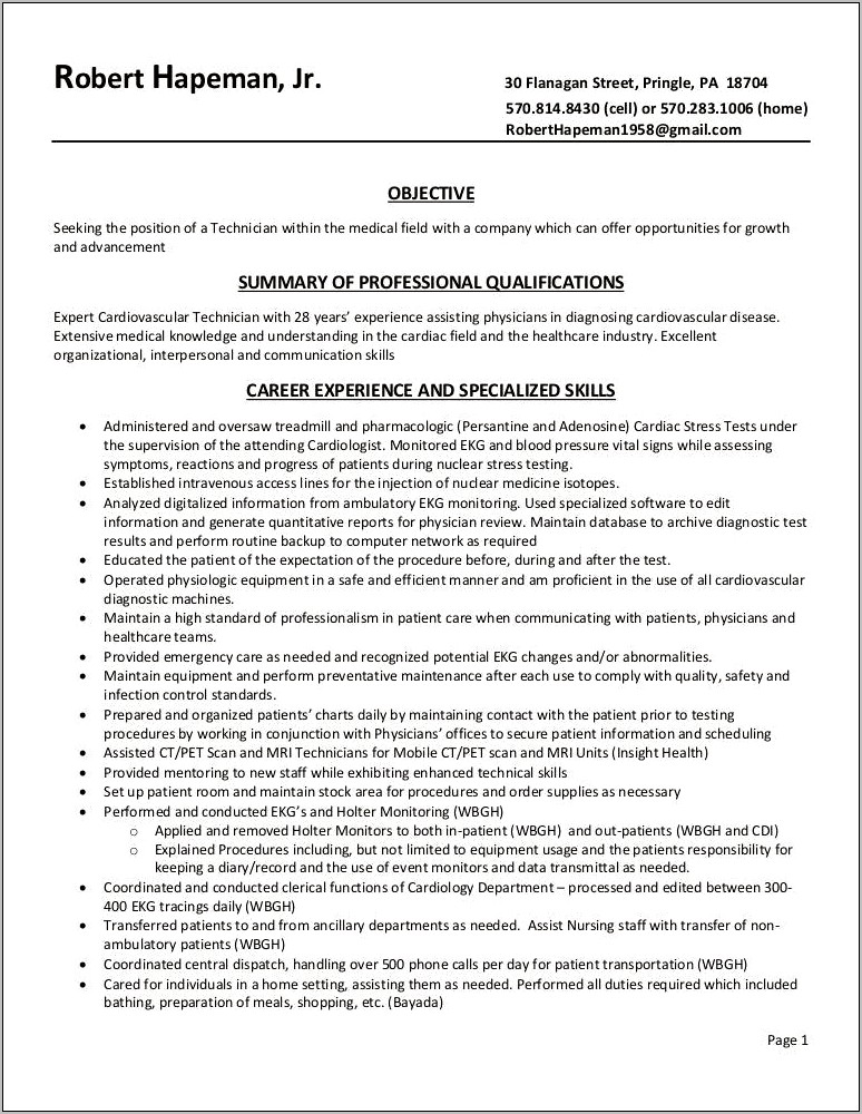 Cardiovascular Technician Resume Job Description