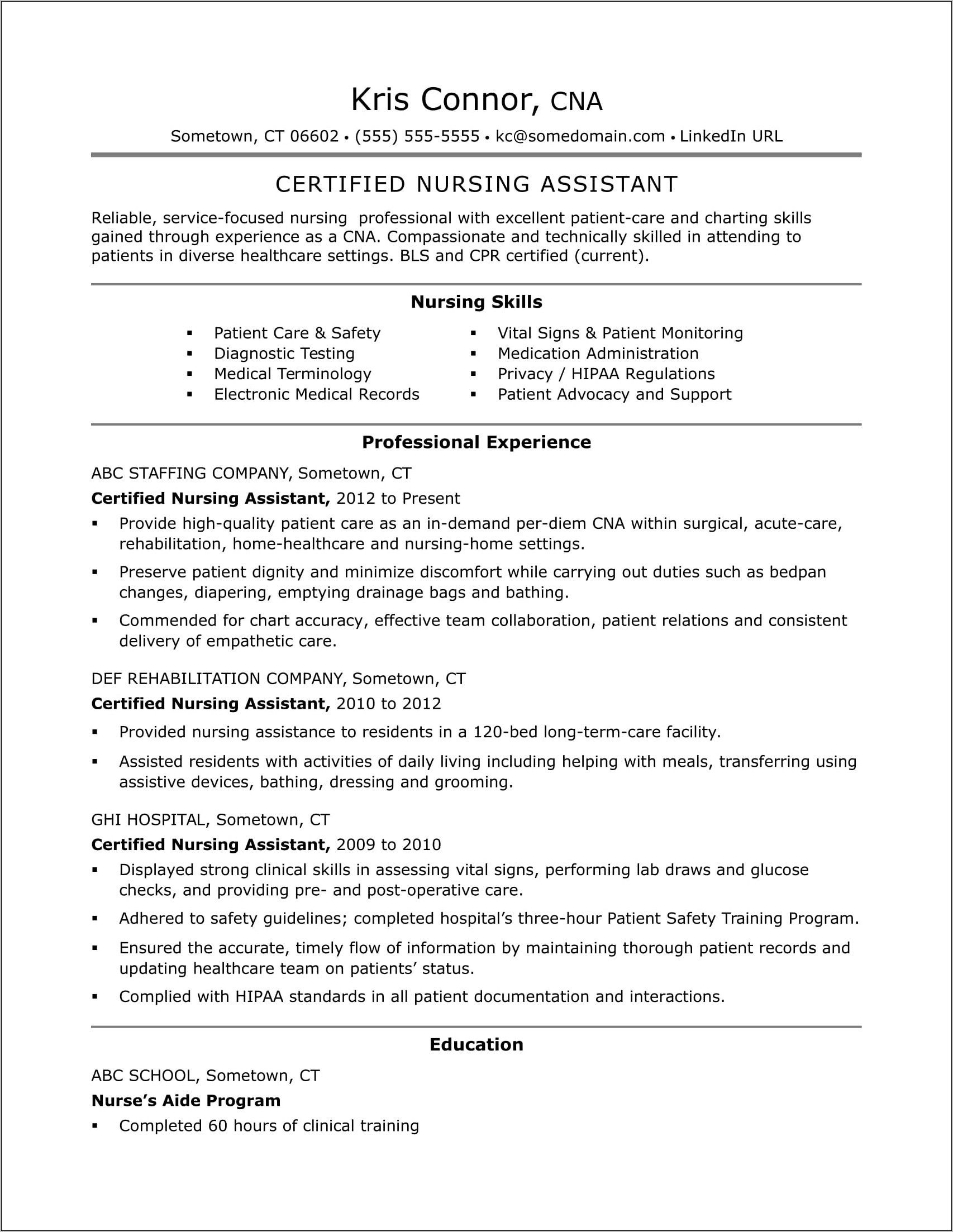 Care Assistant Resume Medication Sample