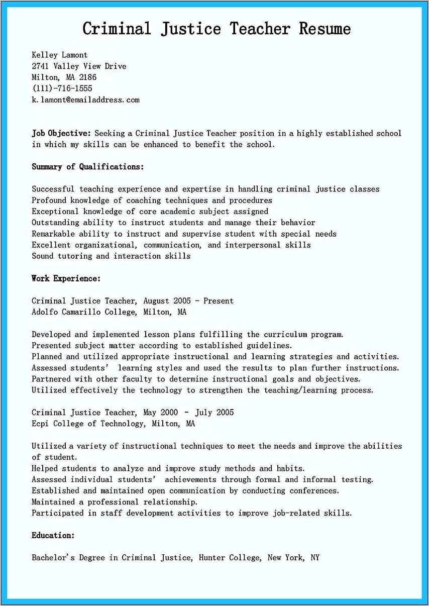 Career Objective Criminal Justice Resume