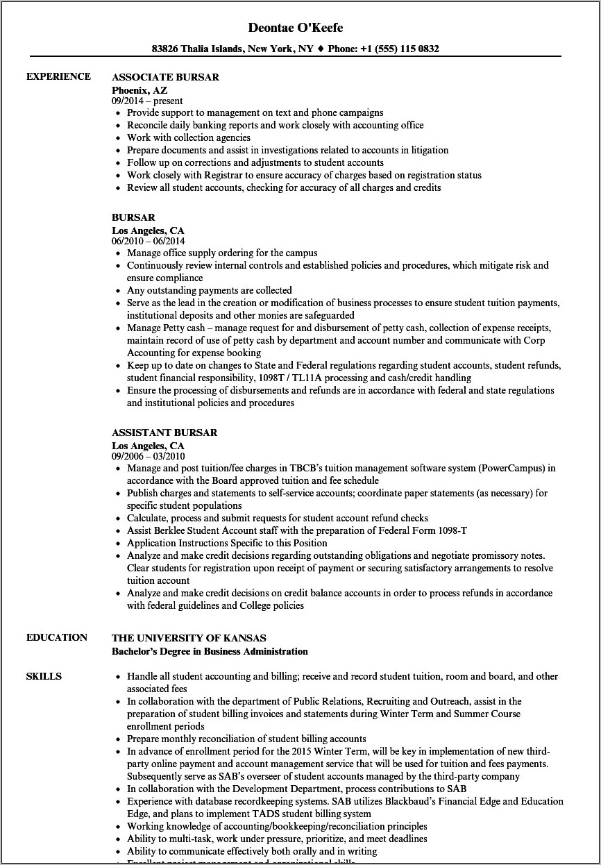 Career Objective Resume Statement Bursar