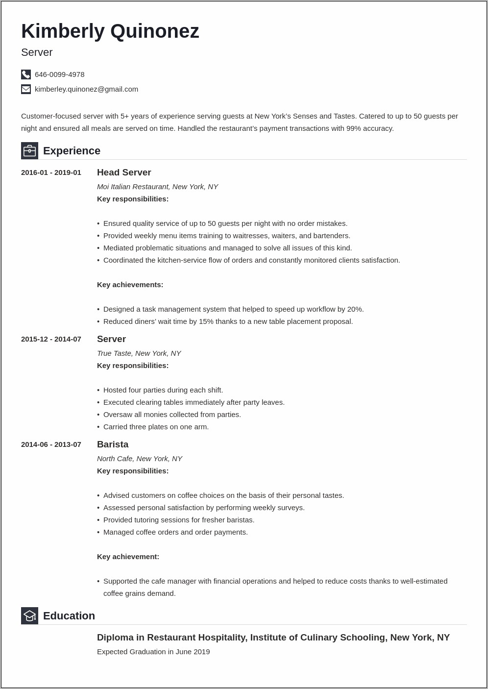 Career Objective Server Resume Examples