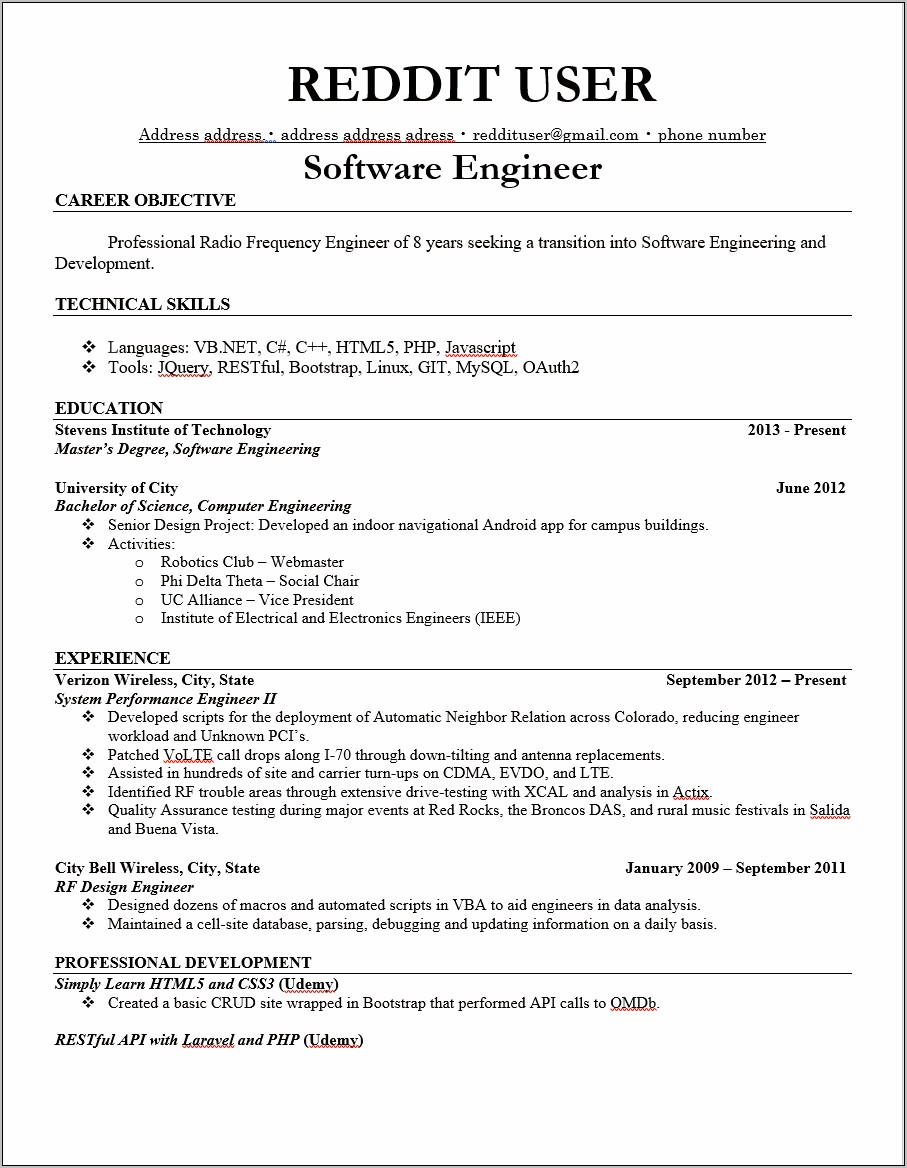 Career Objective Software Engineer Resume