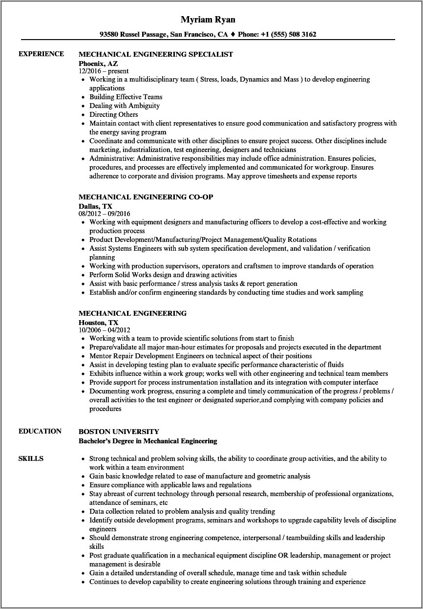 Carnegie Mellon Sample Resume Mechanical