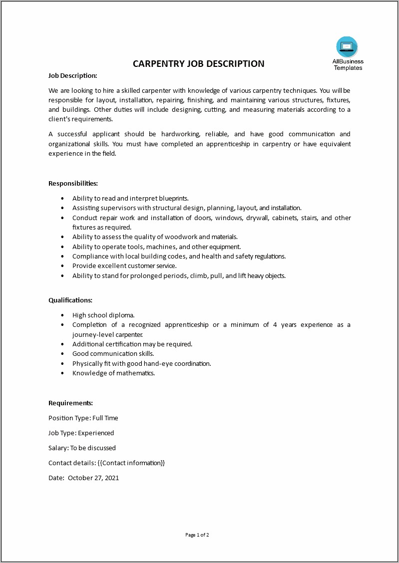 Carpenter Job Description Sample Resume