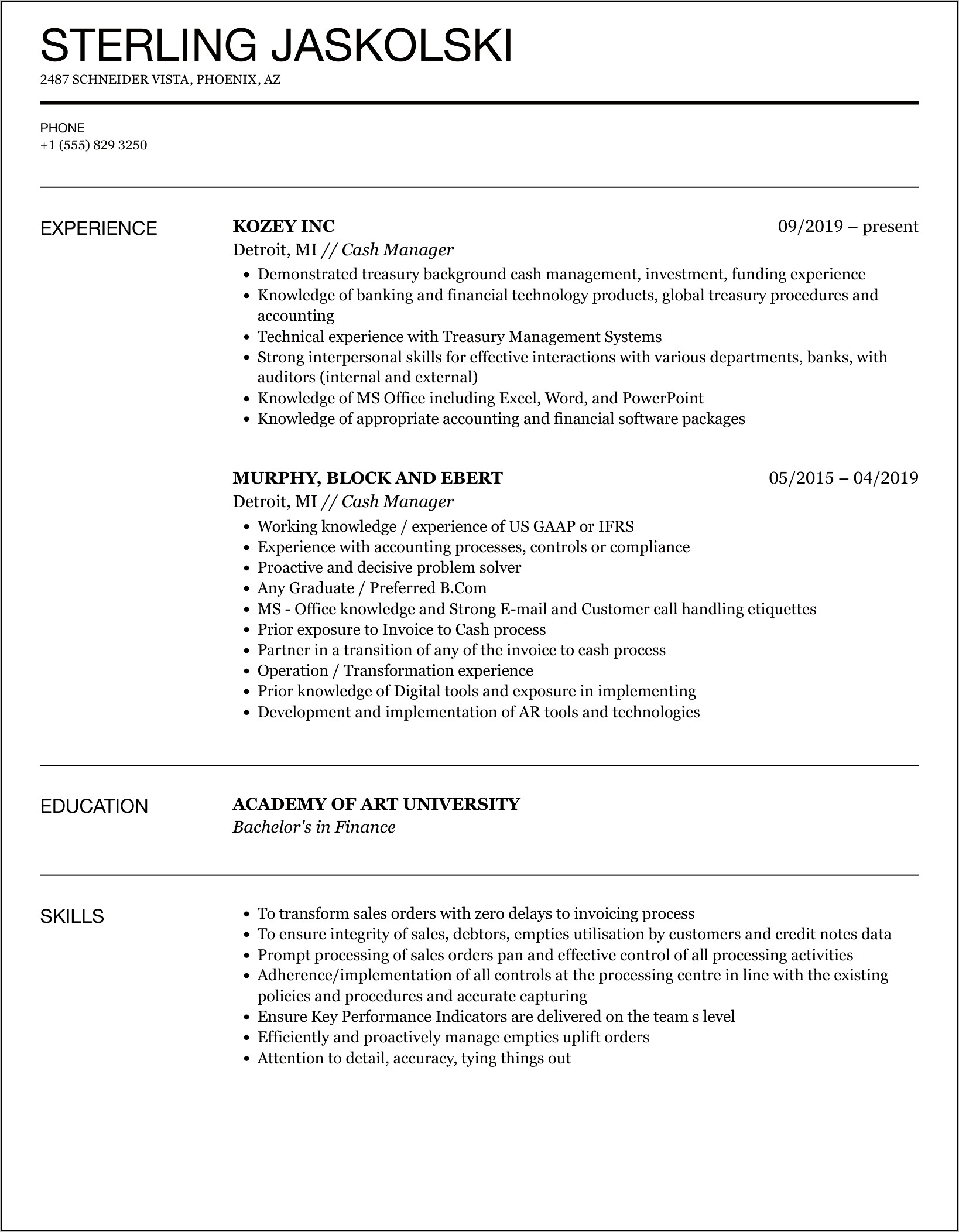 Cash Manager Job Description Resume