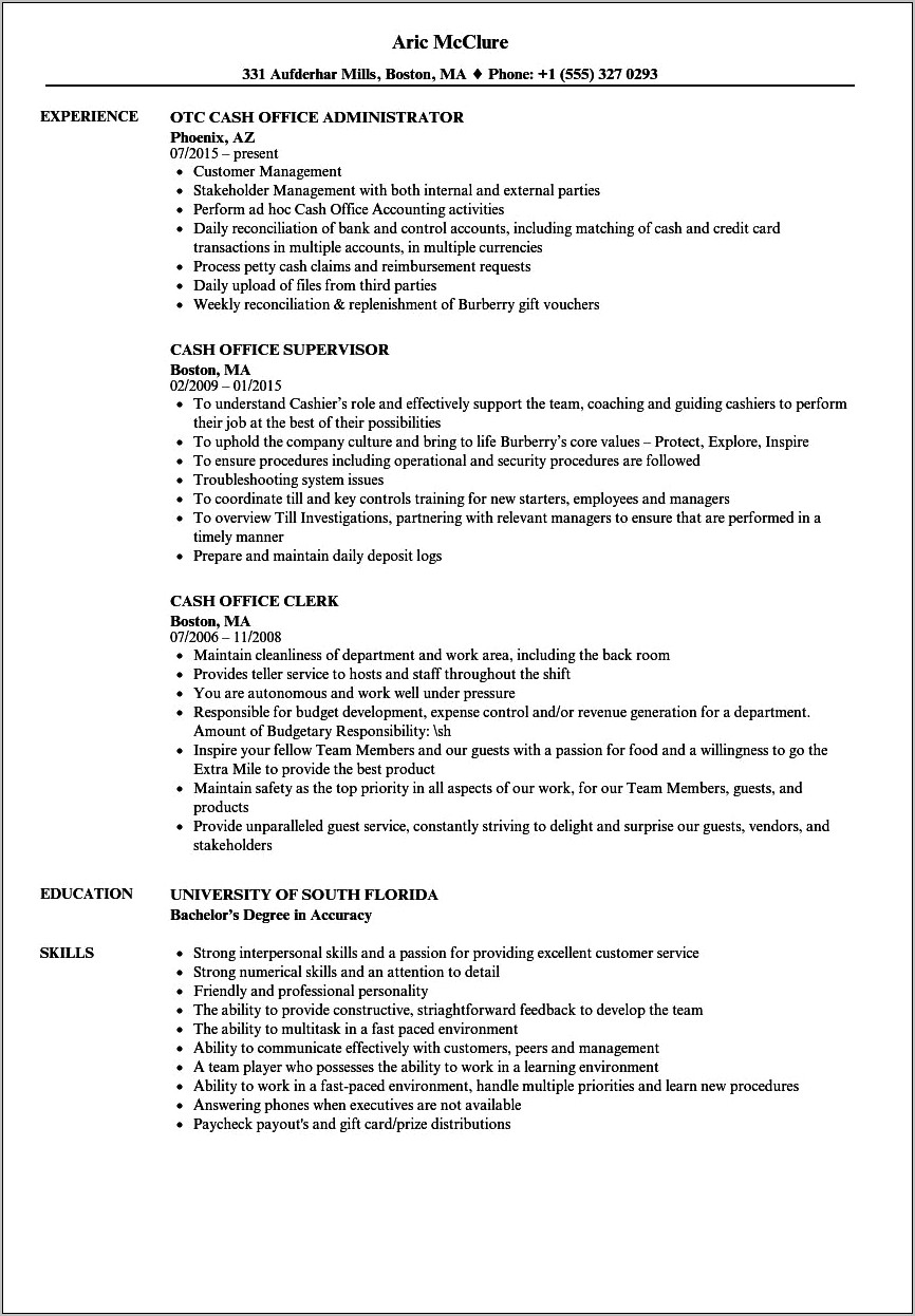 Cash Room Attendant Resume Objective