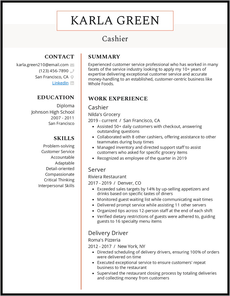 Cashier Example Description Resume Doc