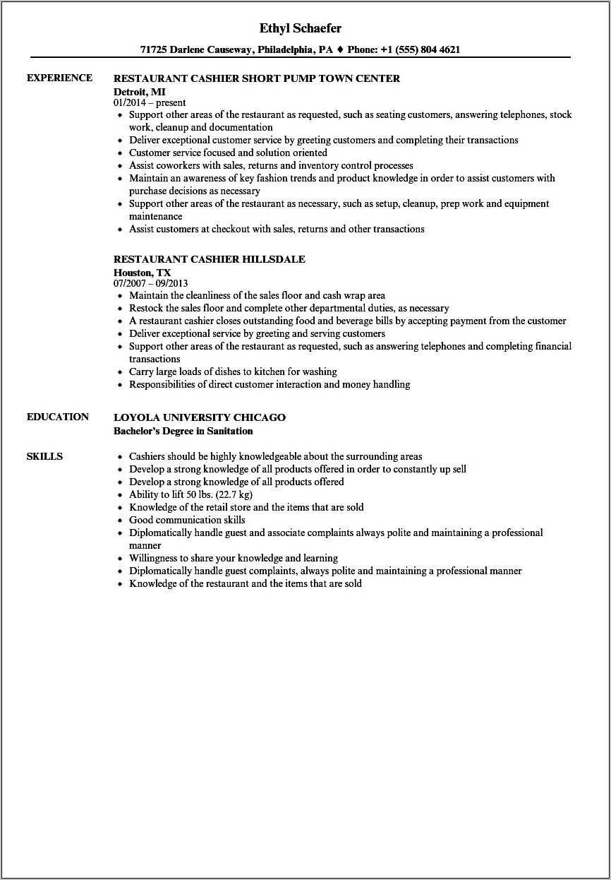 Cashier Fast Food Resume Sample