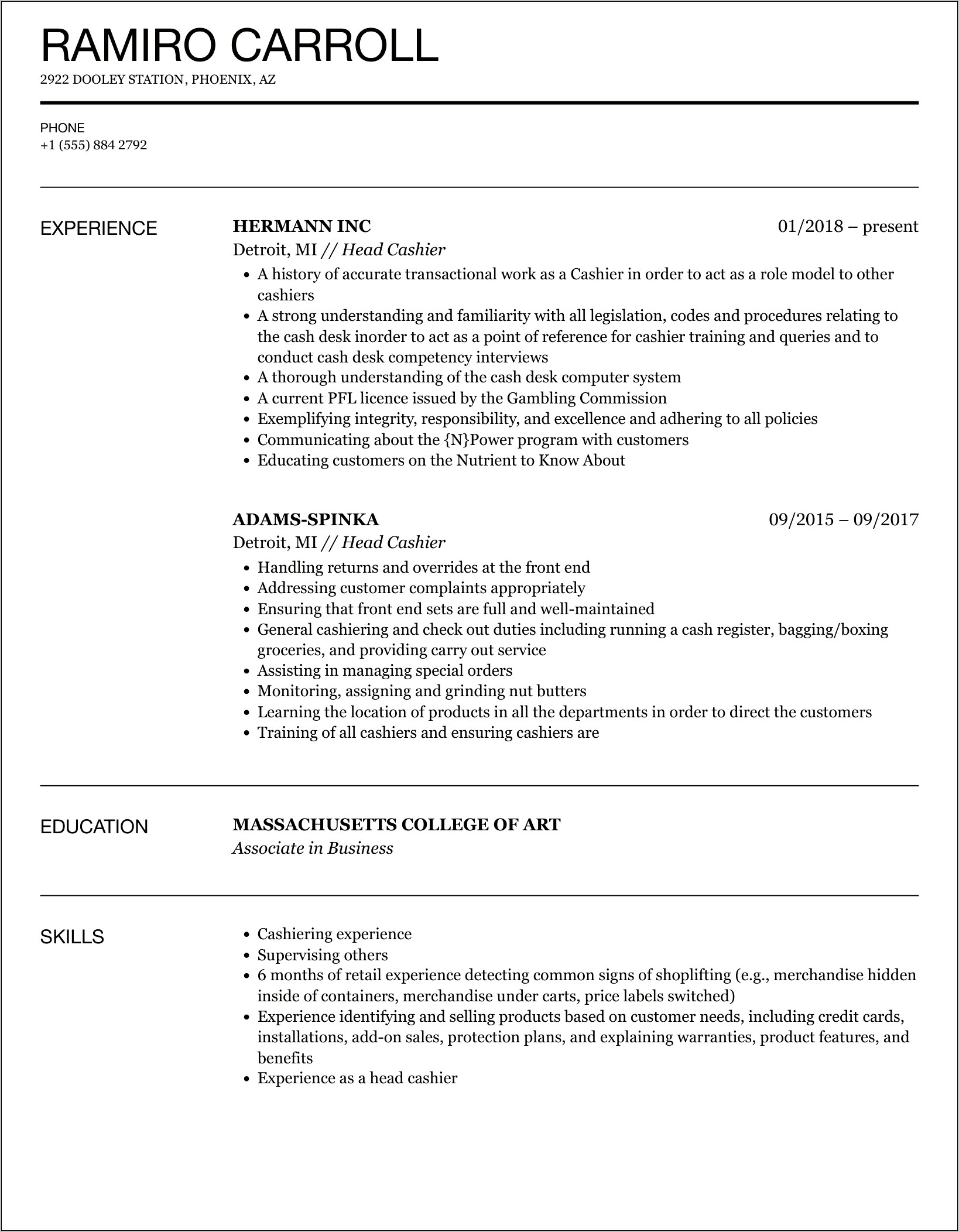 Cashier Skills For Resume Samples