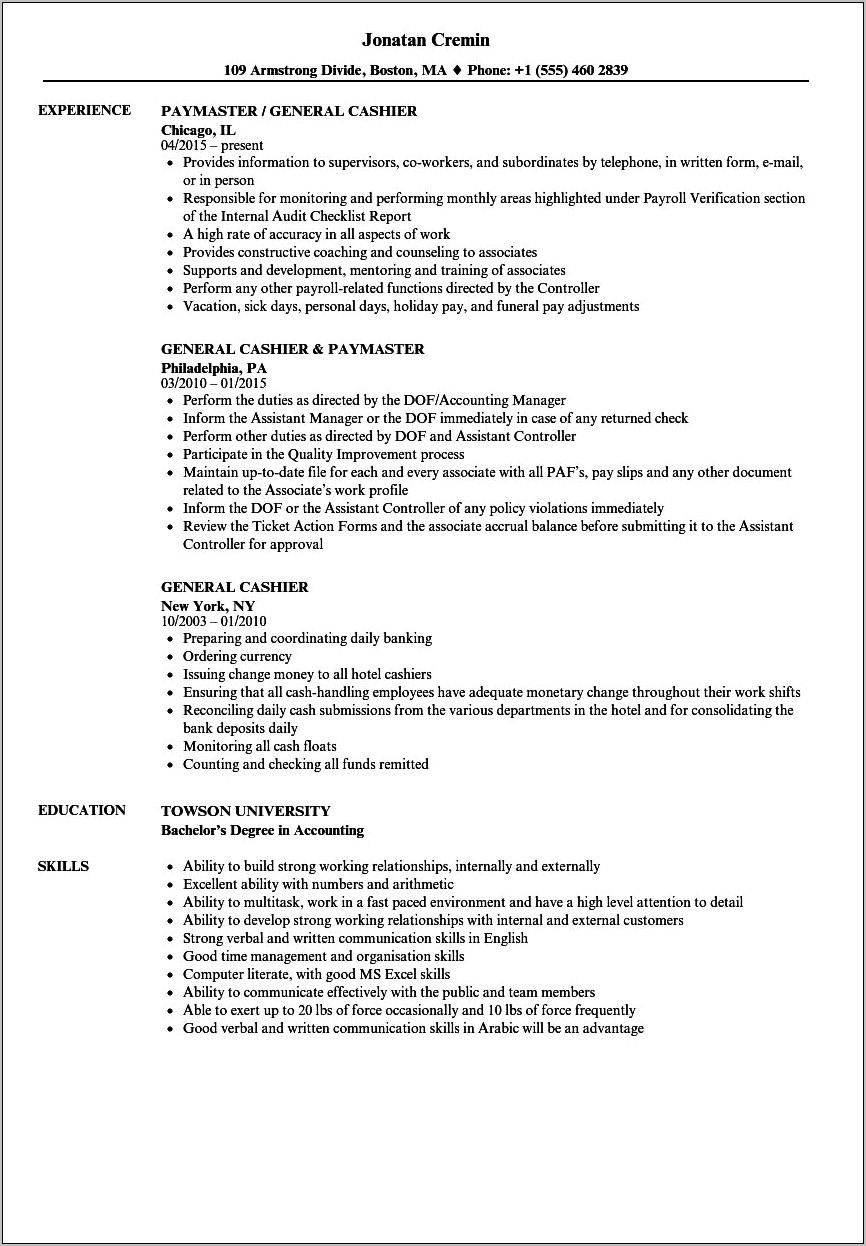 Cashier Supervisor Job Description Resume