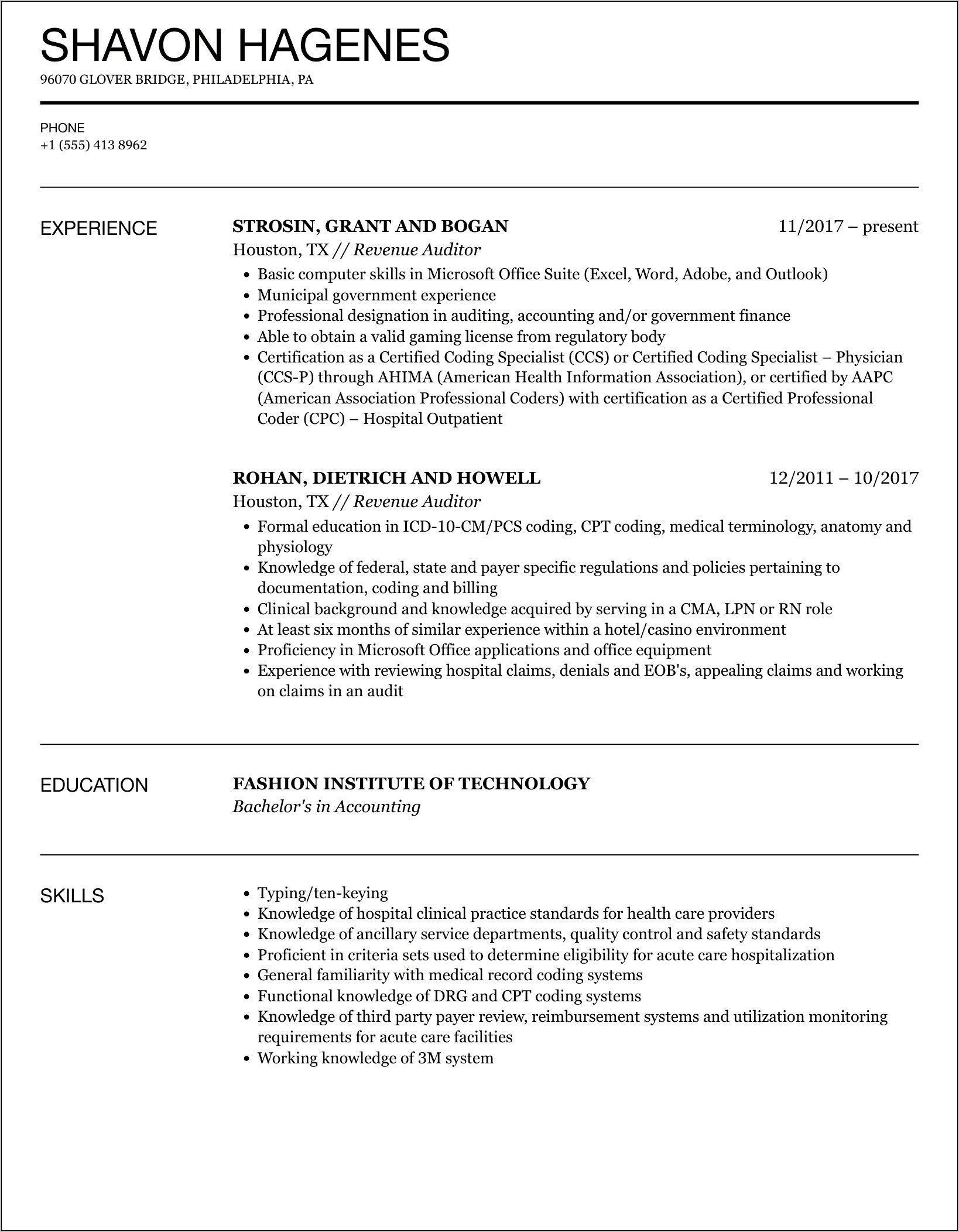 Casino Revenue Auditor Resume Sample