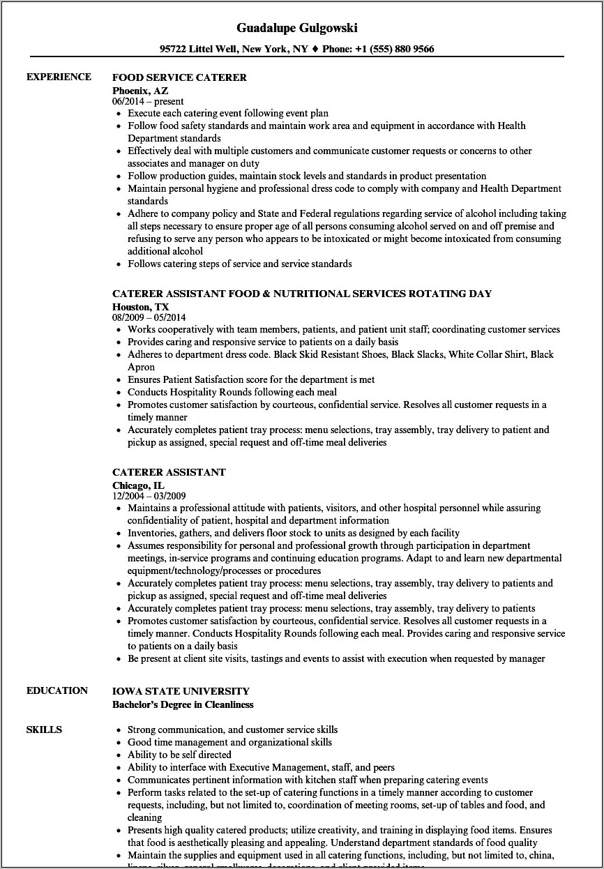 Catering Assistant Skills For Resume