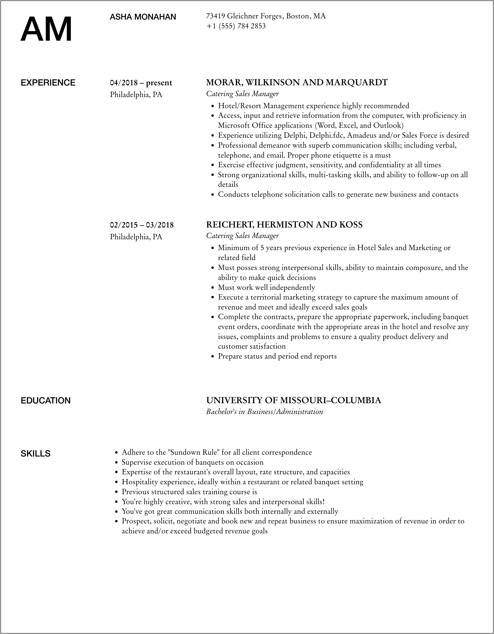 Catering Sales Manager Resume Beo