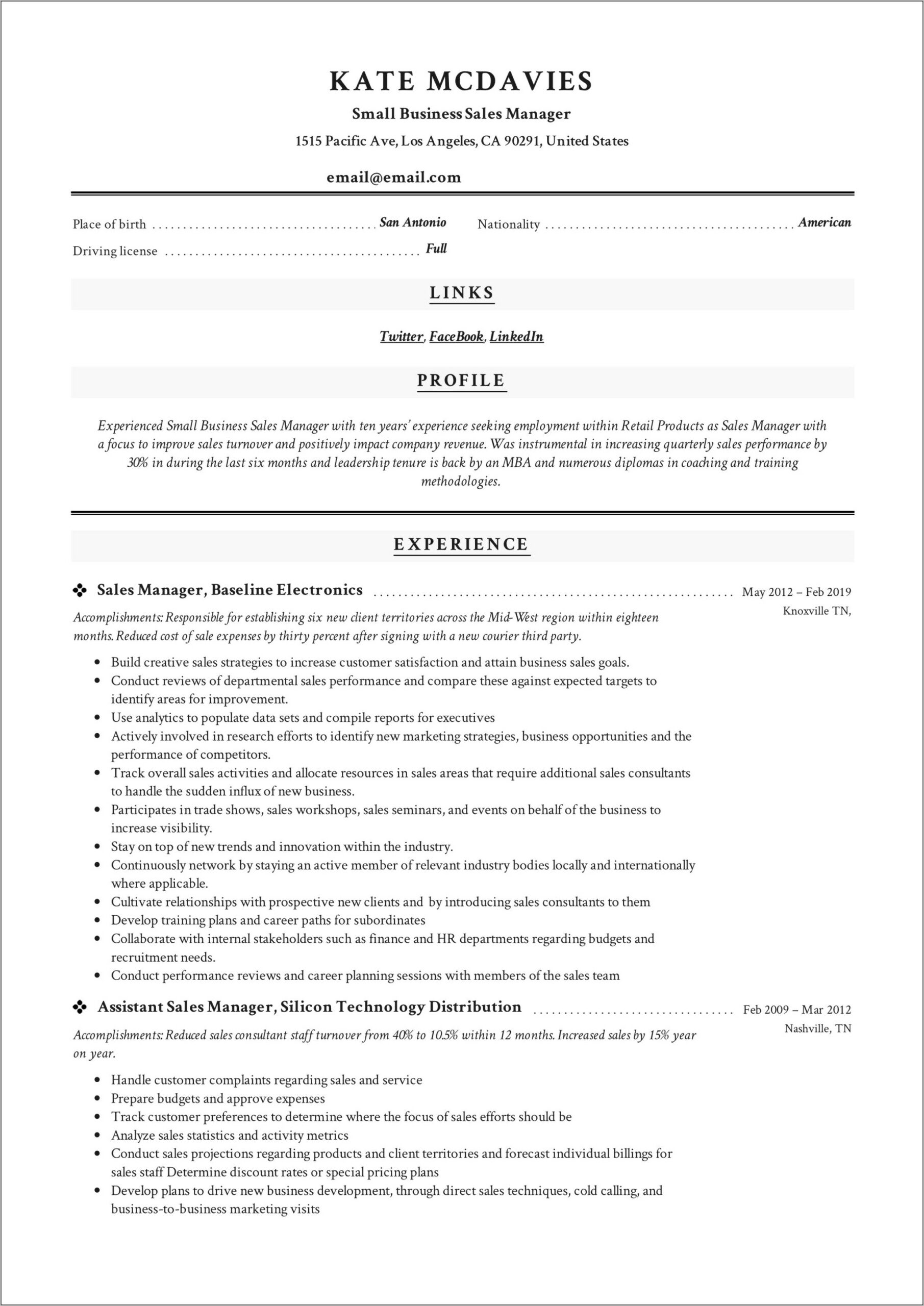 Catering Sales Manager Resume Examples