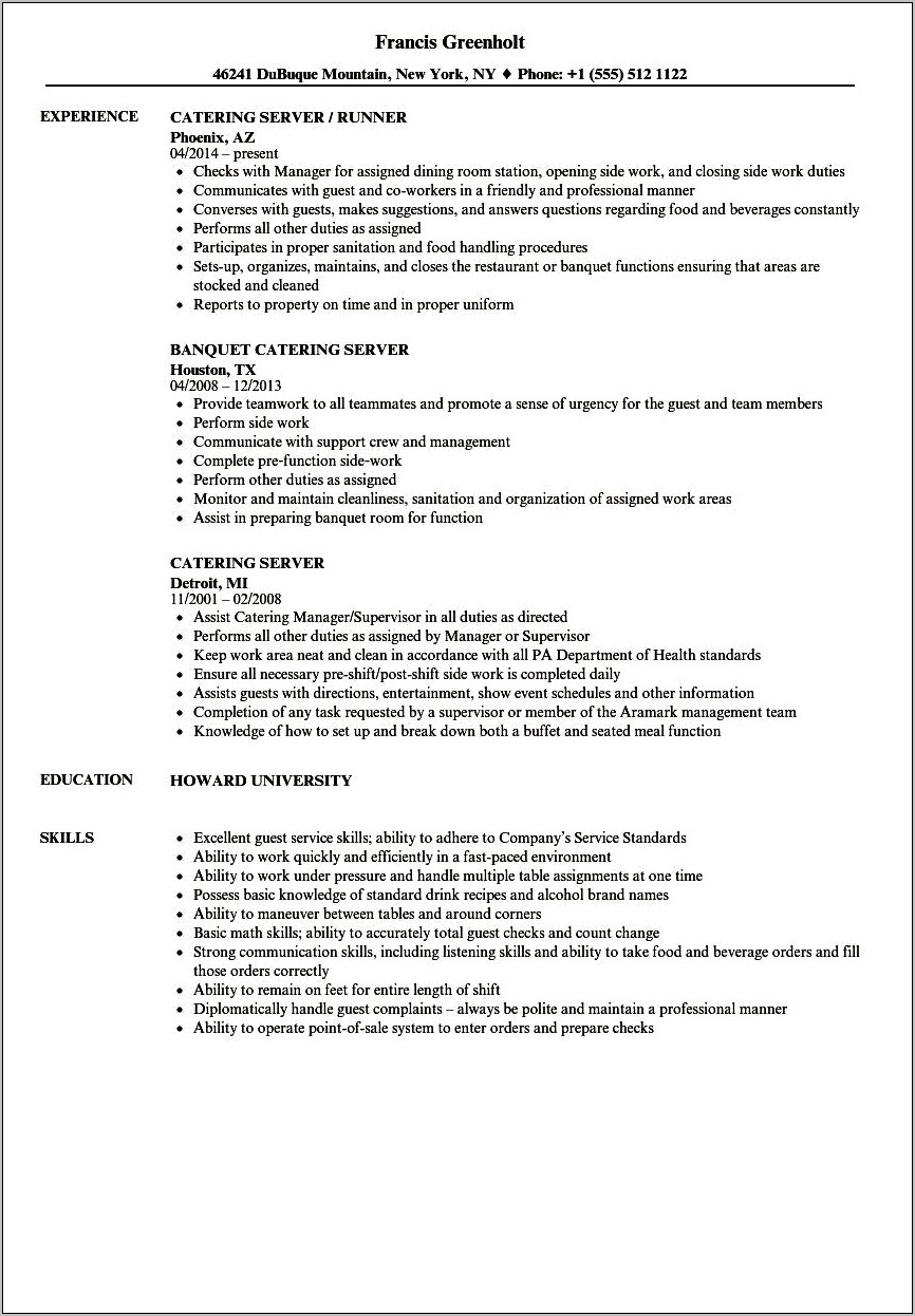 Catering Wait Staff Resume Sample