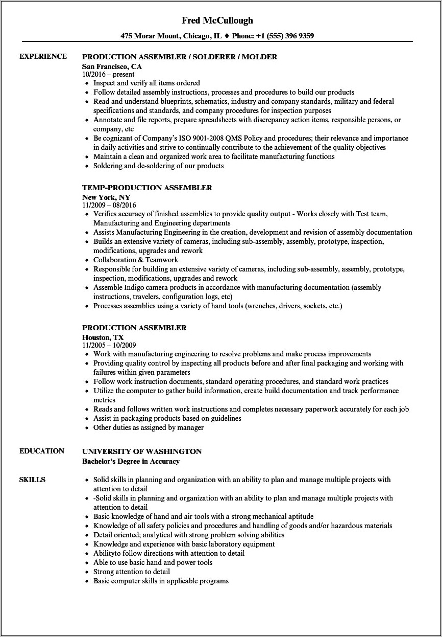 Caterpillar Product Assembler Skills Resume