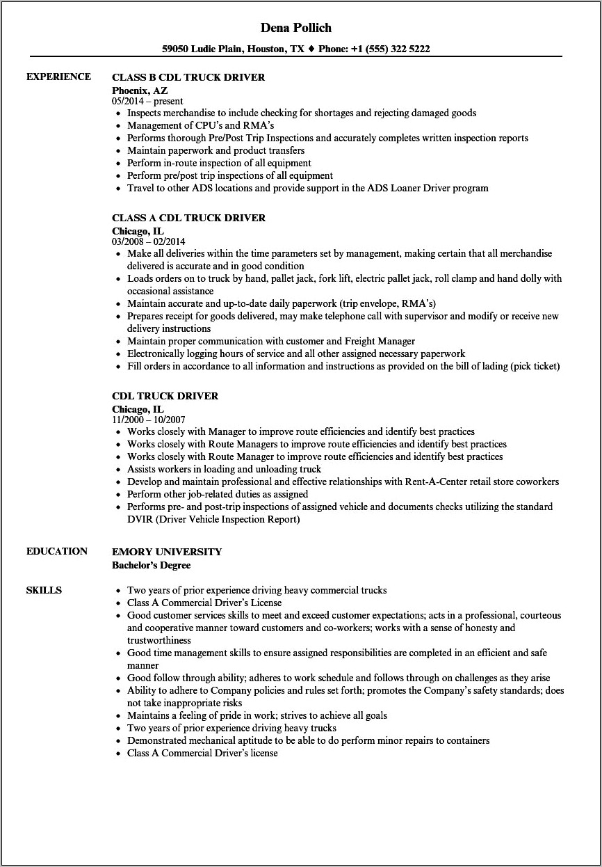 Cdl Job Description For Resume