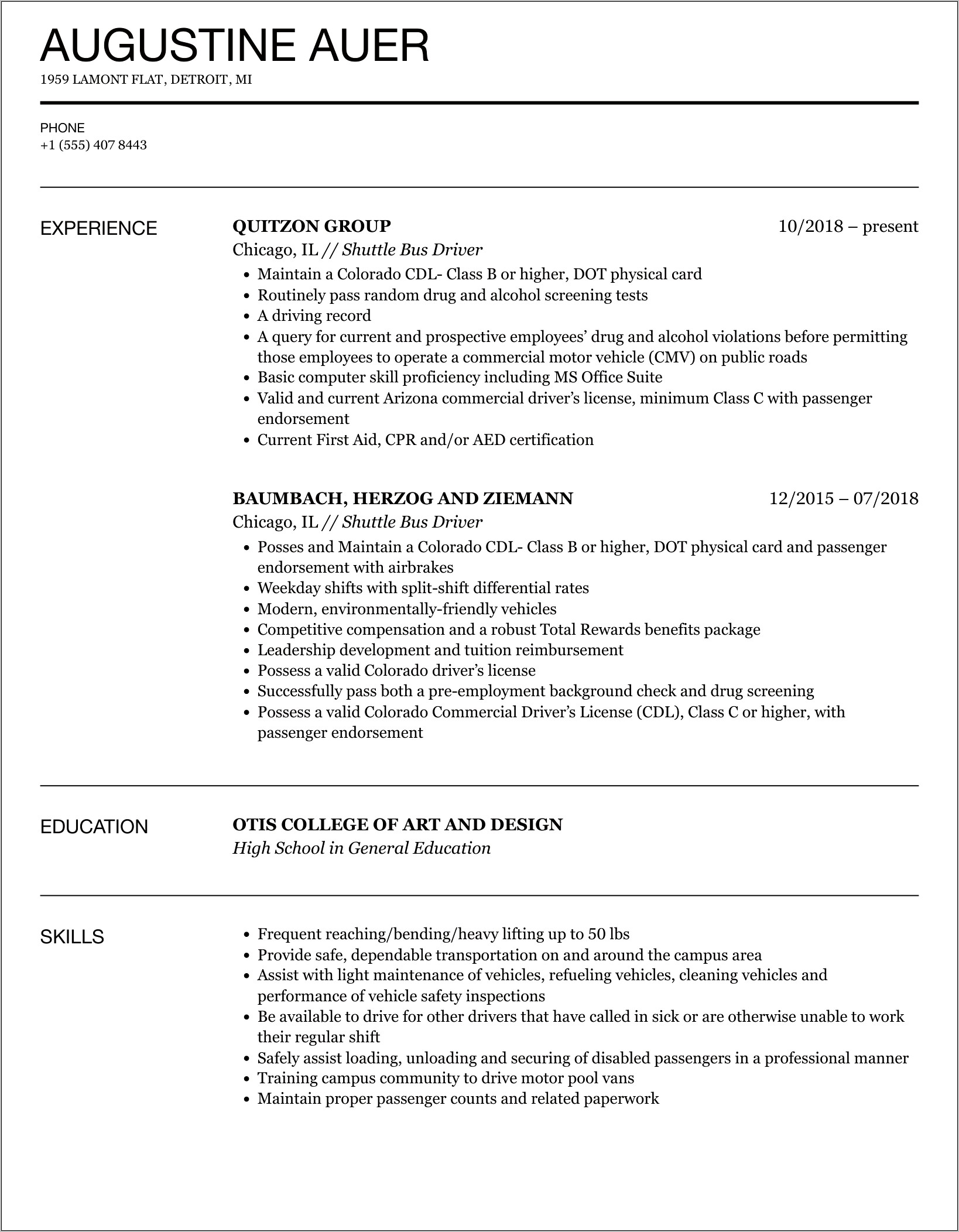 Cdl Shuttle Driver Resume Examples