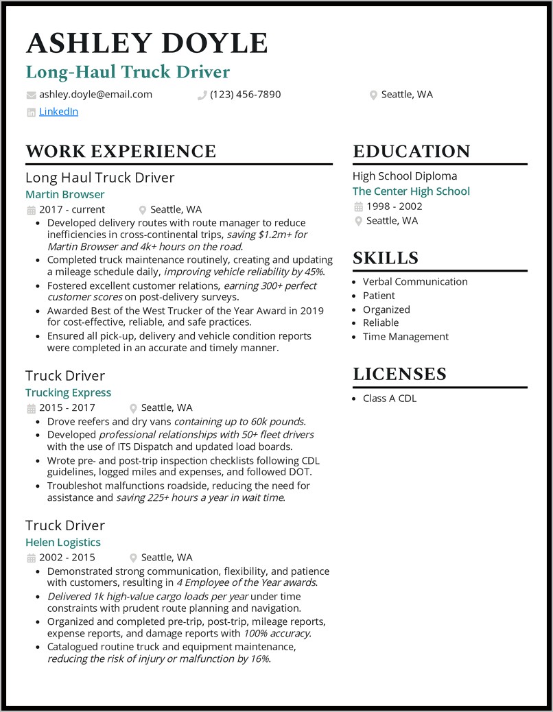 Cdl Truck Driver Resume Skills