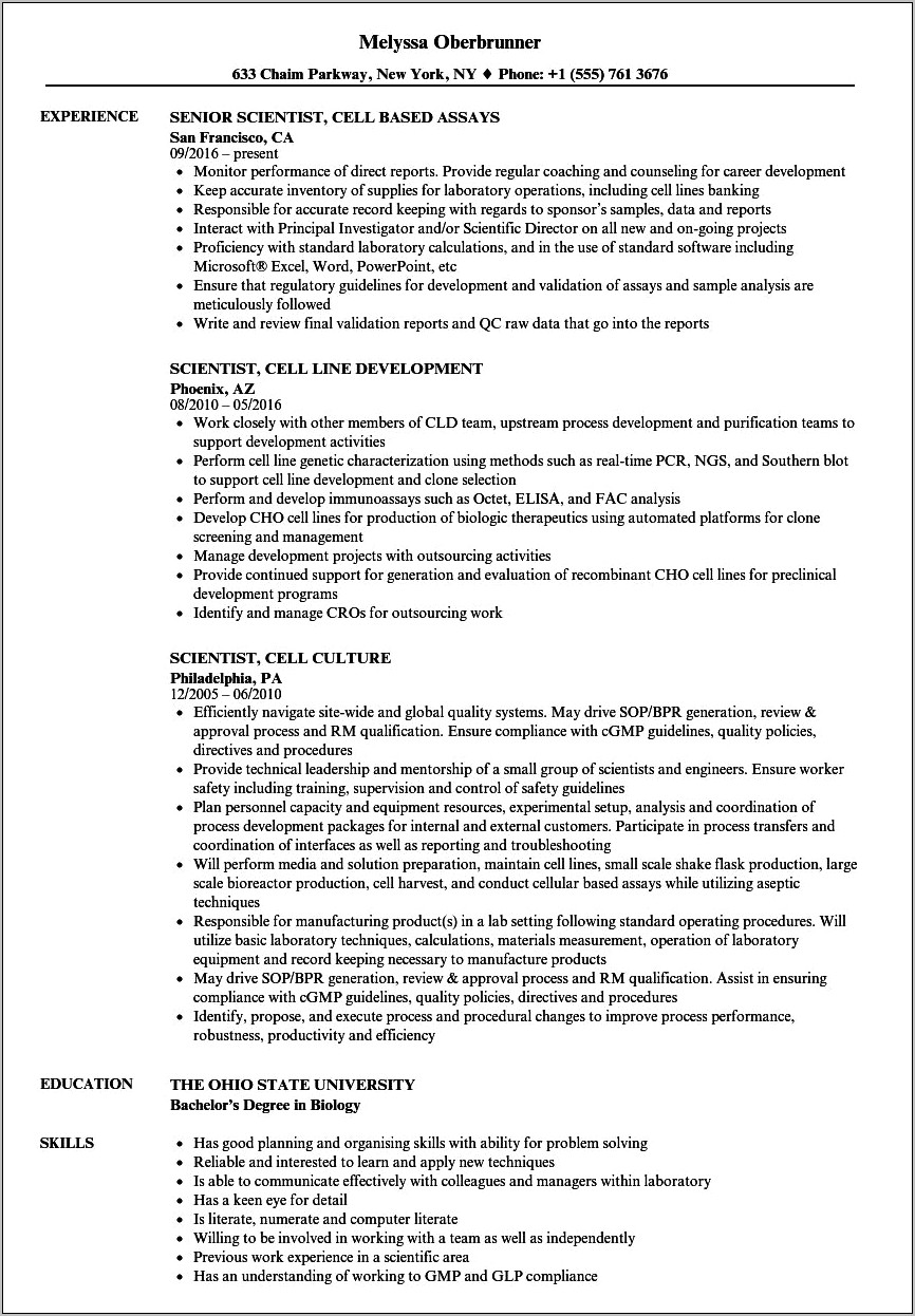 Cell Culture Specialist Resume Sample