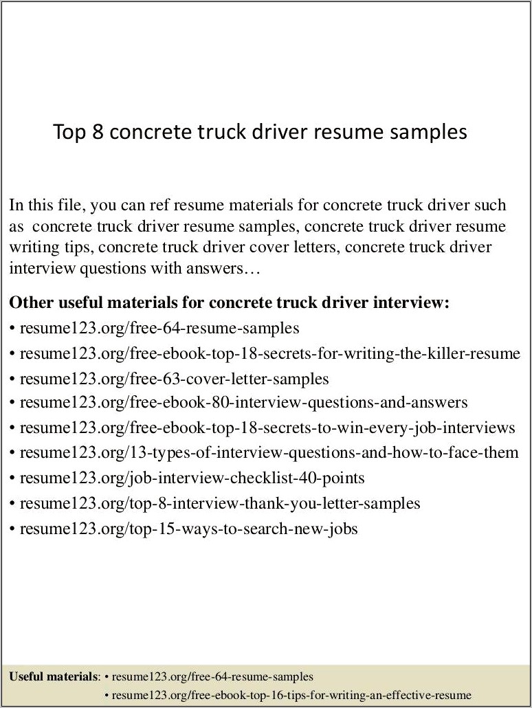 Cement Truck Driver Resume Sample