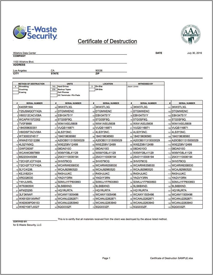 Certificate Of Data Destruction Template Download